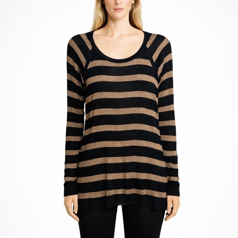 LNA Revolve Striped Long Sleeve scoop neck sweater knit top size Small Black tan